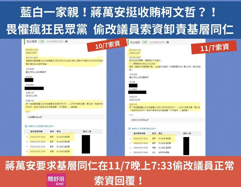 簡舒培揭露蔣市府偷改索資系統。（取自簡舒培臉書）