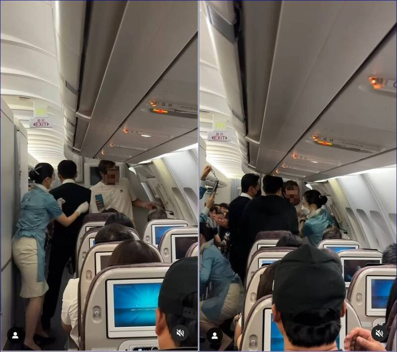 南韩大韩航空近日传出，有班机在飞行途中，竟有乘客试图打开舱门，有网友拍下画面PO网，只见当时惊动空服员及乘客上前联手制止。（图撷自IG）