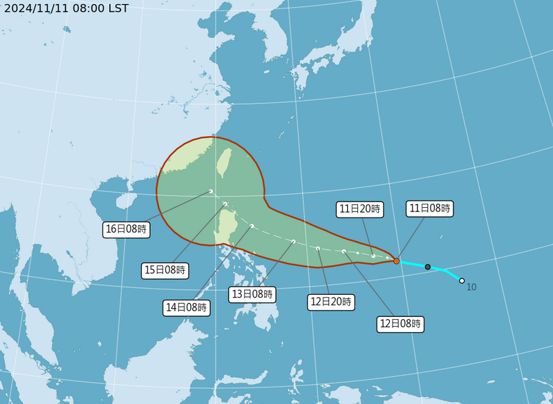 氣象署預估「天兔」掠過呂宋島東北角，偏西北移動接近台灣西南海域。（圖擷自中央氣象署）