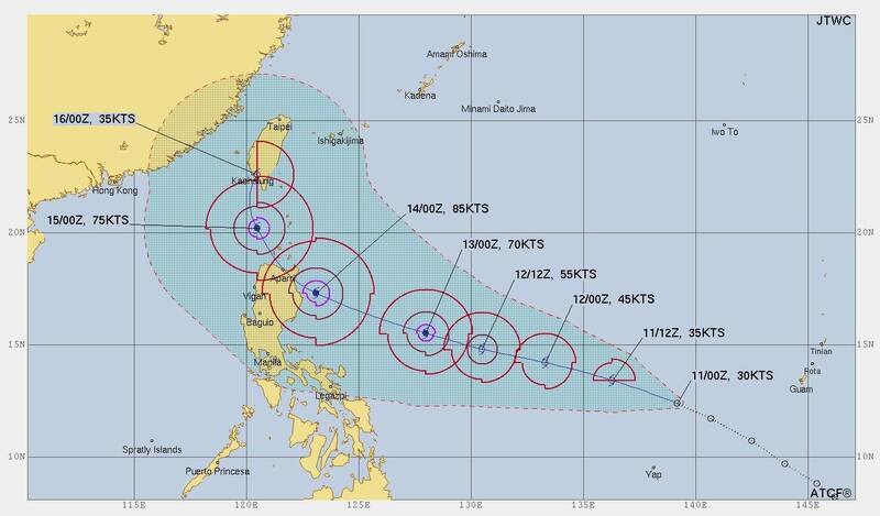 美軍聯合颱風警報中心（JTWC）認為「天兔」可能轉向北北東撲台，甚至中心直接登陸高雄，路徑極似1977年7月重創高雄的賽洛瑪颱風。（圖擷自JTWC）