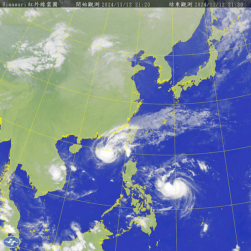 
A satellite image shows Tropical Storm Usagi, lower right, east-southeast of Taiwan’s Oluanpi yesterday.
Photo: Screen grab from the Central Weather Administration’s Web site