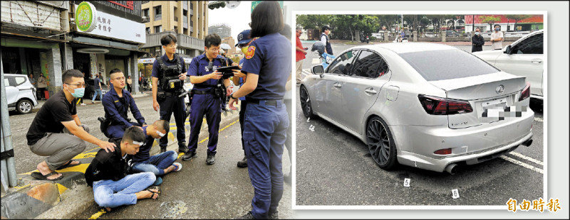 兩名監控車手搭乘的轎車車身有明顯彈孔，警方鑑識人員到場採證。（警方提供）
台南市六分局員警先後連開六槍，逮捕兩名逃逸的詐騙監控車手。 （記者王俊忠攝）