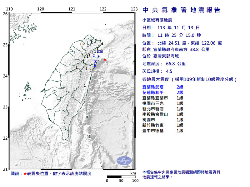 台灣東部海域今日11:25發生規模4.5地震，最大震度2級。（圖擷取自中央氣象署）