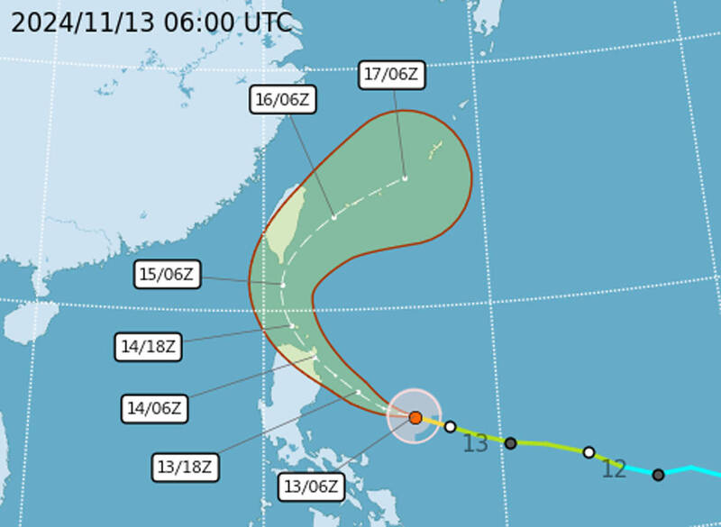 The projected path of Typhoon Usagi as of 2pm yesterday is pictured.
Photo: screen grab from the Central Weather Administration’s Web site