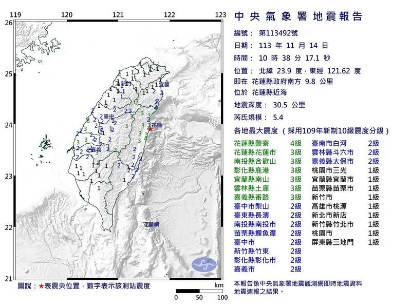 花蓮稍早發生規模5.4的地震。（中央氣象署提供）