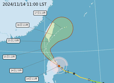 颱風路徑潛勢預報圖。（中央氣象署提供）
