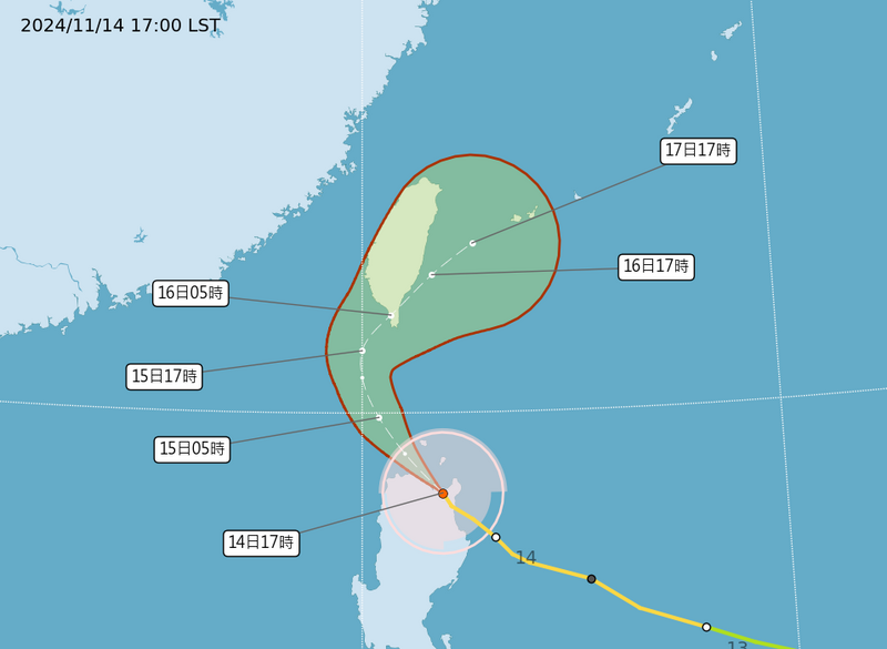 天兔颱風路徑潛勢預報。（中央氣象署提供）