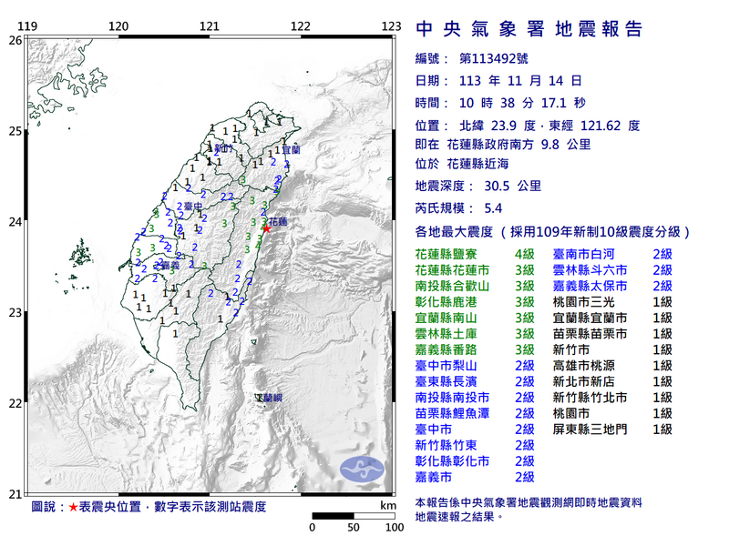 東部地區在今（14日）上午10點38分發生一起規模5.4地震，震央在花蓮近海，最大震度4級。（圖擷自中央氣象署）