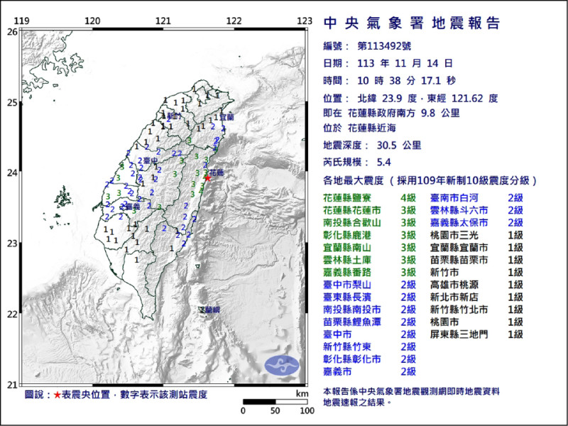 花蓮昨發生規模5.4的地震。（中央氣象署提供）