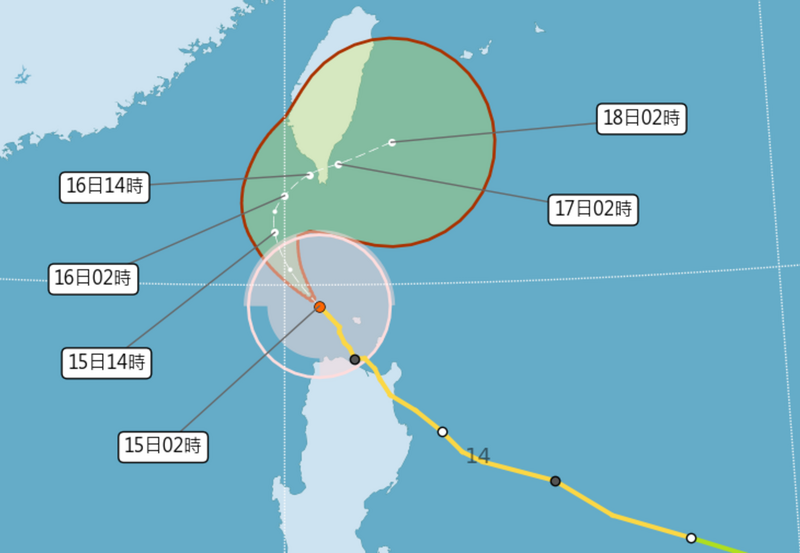 氣象署指出，今天下半天隨著颱風逐漸接近，雨勢越晚越明顯，尤其恆春半島需特別留意颱風近中心的短延時強降雨及強陣風，至於其他地區雲量稍增多，亦有局部降雨的機率。（圖擷自氣象署）