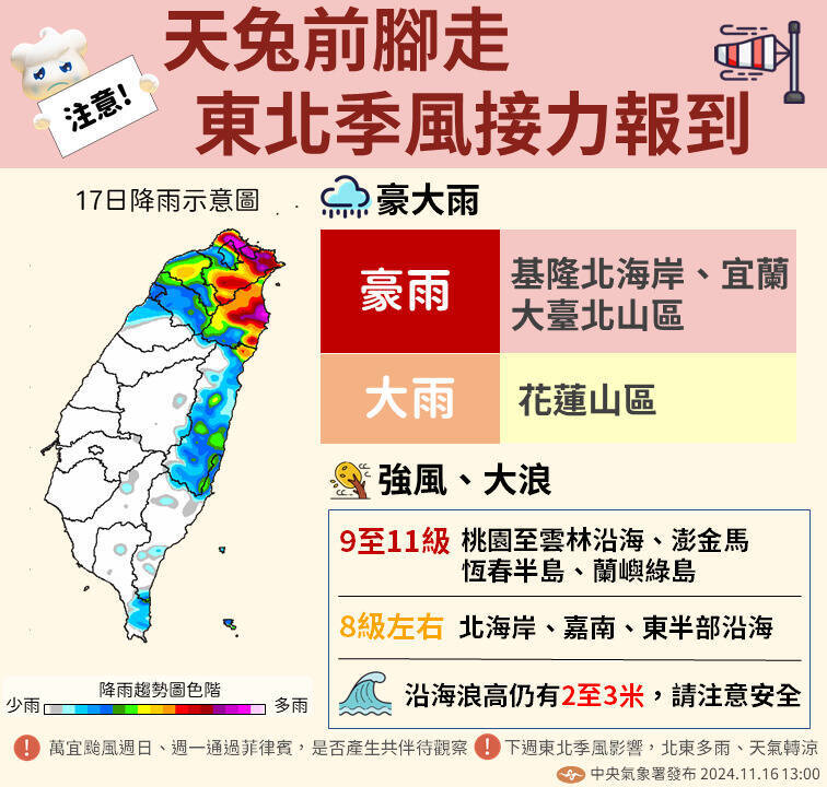 氣象署提醒，天兔颱風剛結束、但明天東北季風將增強。（氣象署提供）