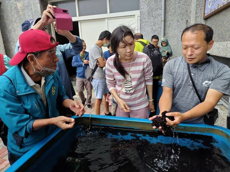 澎湖縣種苗繁殖場長柯志鴻，向校友會會員講解海藻飼養環境與原理。（許國英提供）