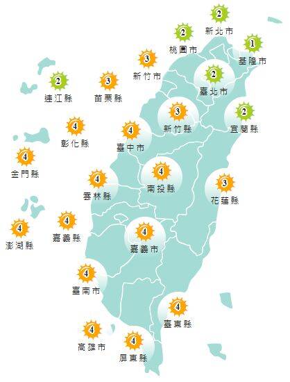 今日各地紫外線指數預報概況。(圖擷取自中央氣象署) 今日各地紫外線指數預報概況。(圖擷取自中央氣象署)