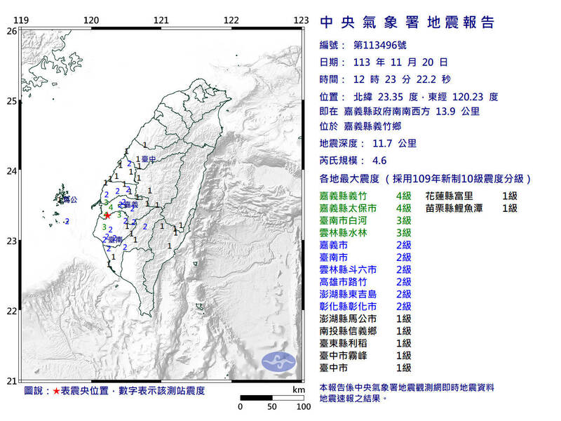 嘉義縣義竹鄉發生地震。（取自中央氣象署網站）