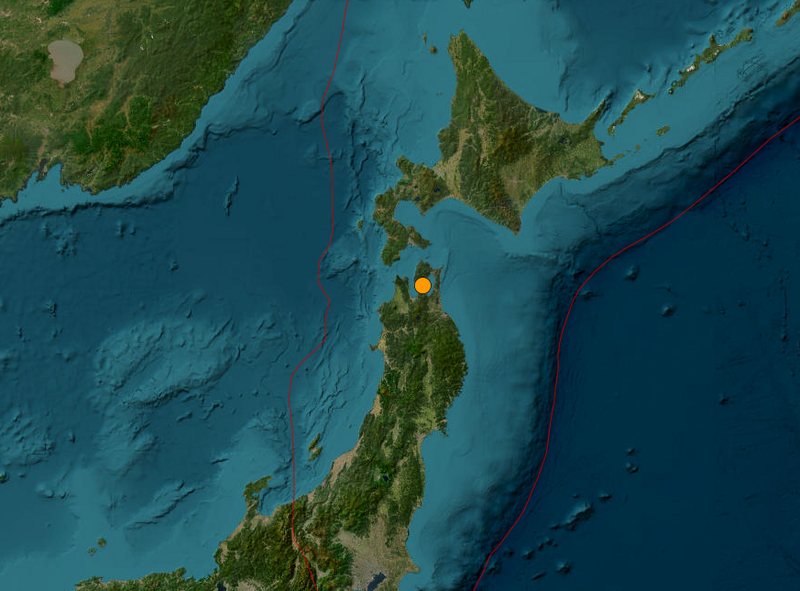 日本青森县陆奥湾发生芮氏规模5.1地震，尚未有任何损害通报出现。（图撷自USGS网站）
