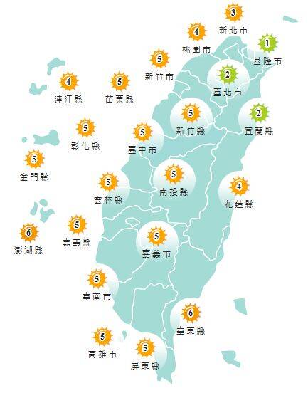 今日各地紫外線指數預報概況。（圖擷取自中央氣象署）