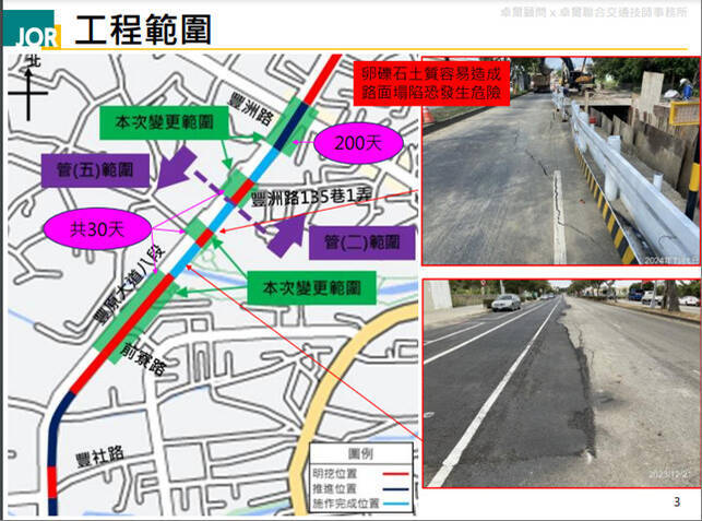 因應自來水公司施工，豐原大道豐社路至豐洲路12月起將實施調撥車道。 （警方提供）