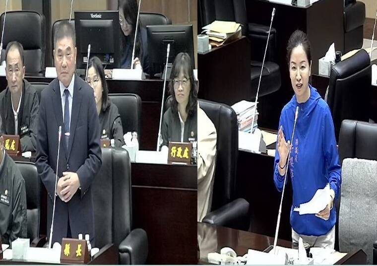 苗栗縣議員許櫻萍（右）總質詢關心職場霸凌議題，要求苗縣府申訴管道要暢通；縣長鍾東錦答詢指出，員工受委曲可具名投訴。（記者張勳騰翻攝）