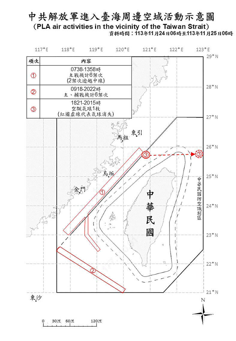 A map shows activity by the Chinese People’s Liberation Army, including a balloon, in the 24 hours that ended at 6am yesterday.
Photo courtesy of the Ministry of National Defense