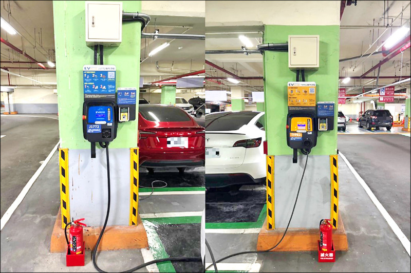 新北市公有停車場電動汽車充電樁已建置四四五樁;圖為電動汽車充電樁。(交通局提供) 新北市公有停車場電動汽車充電樁已建置四四五樁;圖為電動汽車充電樁。(交通局提供)