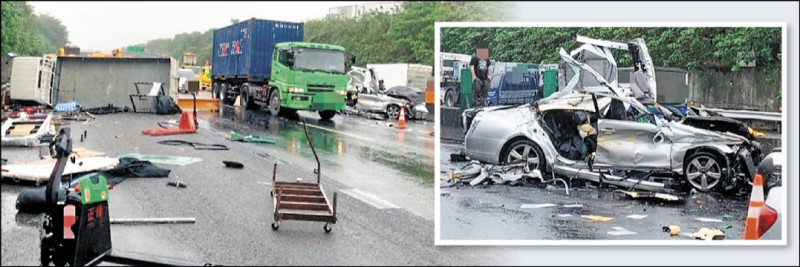 黃男駕駛聯結車載運
鋼樑，行經國道二號東向
途中掉落到對向，砸中路
過的小客車及小貨車，現
場滿目瘡痍，小貨車側翻
，小客車遭壓扁變形。
（記者鄭淑婷翻攝）