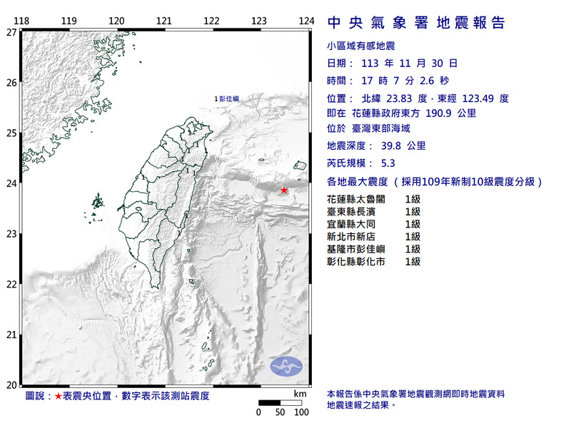 台灣東部海域下午5點07分發生規模5.3地震，最大震度1級。（擷取自中央氣象署網站）