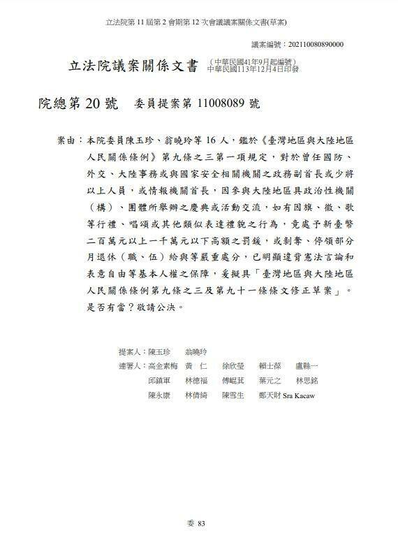 國民黨立委陳玉珍、翁曉玲領銜提案刪除「吳斯懷條款」，明日送程序委員會。（讀者提供）