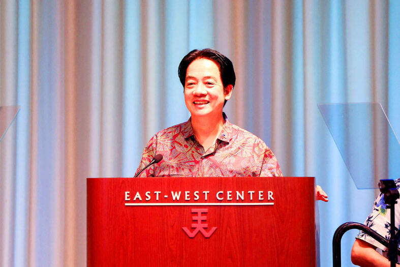 
President William Lai stands at the podium during a visit to the University of Hawaii’s East-West Center in Honolulu on Sunday.
Photo: Reuters