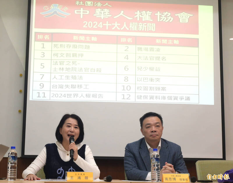 中華人權協會今天公佈2024十大人權新聞，國民黨立委王鴻薇、中華人權協會理事長高思博出席。（記者王藝菘攝）