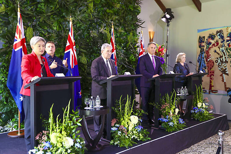 Australian Minister for Foreign Affairs Penny Wong, left, stands with New Zealand Minister for Foreign Affairs Winston Peters, Australian Minister for Defence Richard Marles and New Zealand Minister for Defence Judith Collins, right, at a news conference in Auckland on Friday.
Photo: AP