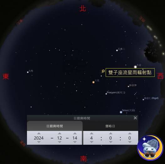 今年雙子座流星雨極大期將出現於12月14日 （星期六） 9時26分。（圖擷自報天文-中央氣象署網站）