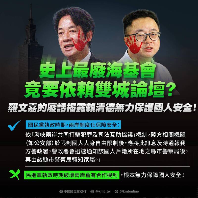 國民黨質疑，史上最廢海基會竟要依賴雙城論壇？（翻攝國民黨臉書）