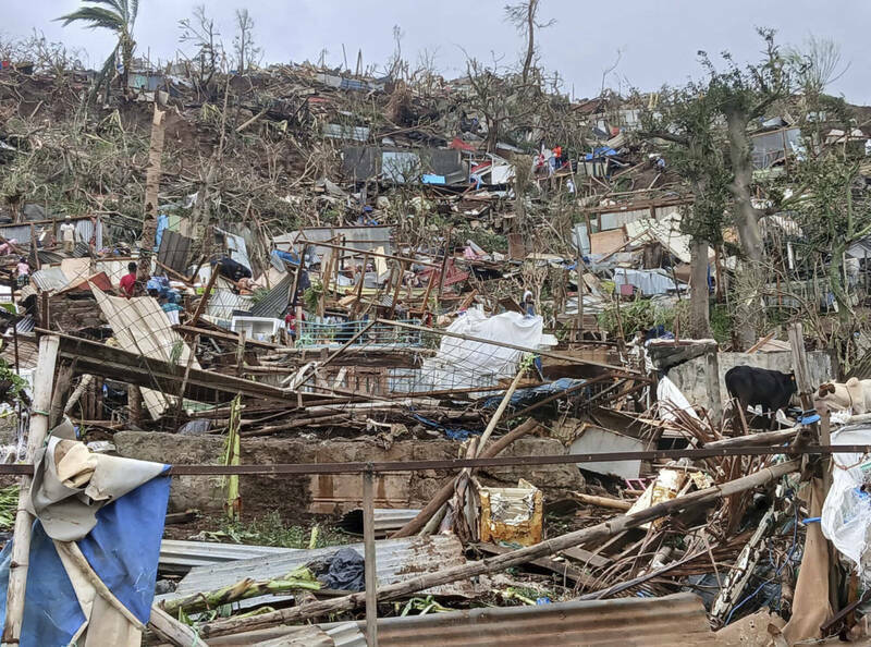 非政府組織「世界醫療團」（Medecins du Monde）15日提供未標註拍攝日期的照片顯示，法國海外領土馬約特島貧民窟在氣旋「奇多」侵襲過後宛如廢墟。（美聯社）