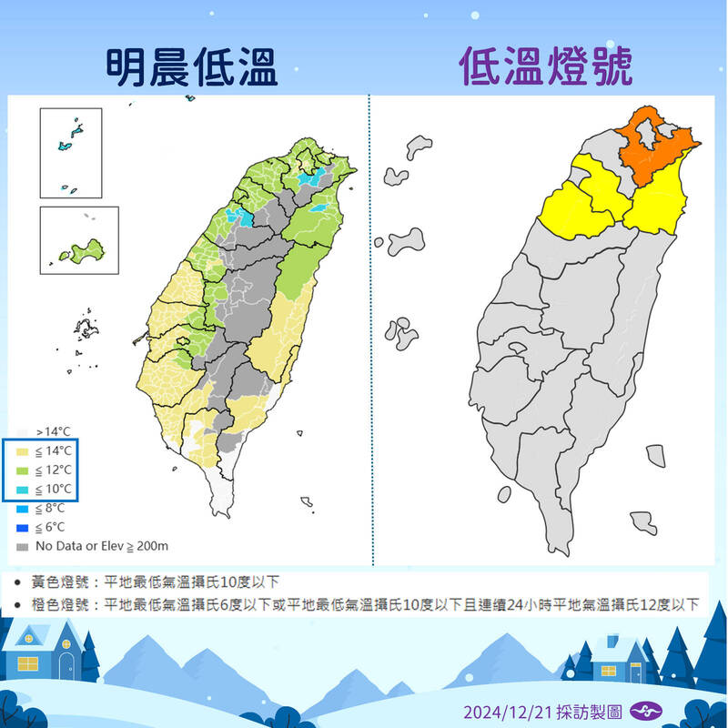 中央氣象署表示，22日凌晨部分地區可能降至10度以下。（中央氣象署提供）