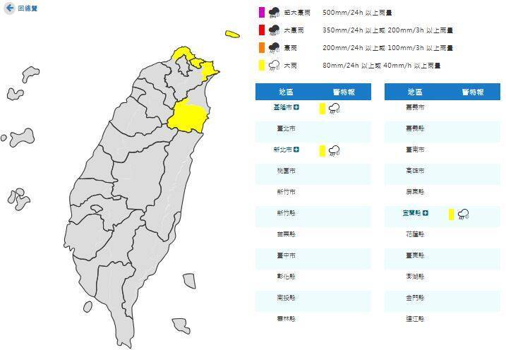 中央氣象署今晚8點20分針對新北市、基隆市、宜蘭縣發布大雨特報。（擷取自中央氣象署）