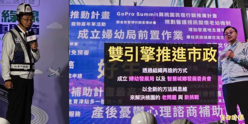 桃園市長張善政就職2周年，桃園市府今天移師綠線捷運北機廠舉行市政會議，張善政說明2年來的市政成果。（記者余瑞仁攝）