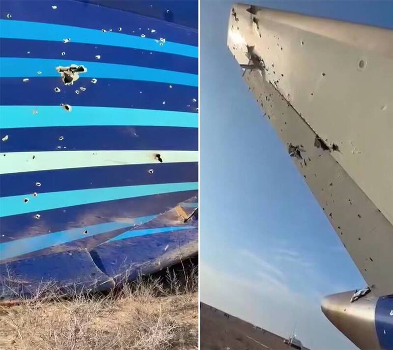 飛機墜毀後機身受損,出現疑似彈孔痕跡。(圖:哈薩克共和國緊急狀況部) 飛機墜毀後機身受損,出現疑似彈孔痕跡。(圖:哈薩克共和國緊急狀況部)