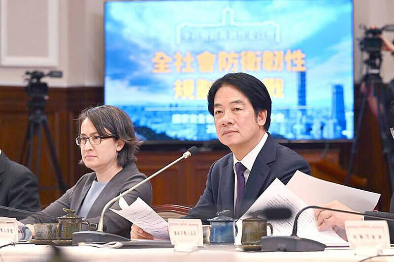 Vice President Hsiao Bi-khim, left, and President William Lai attend a meeting of the Whole-of-Society Defense Resilience Committee in Taipei on Sept. 26.
Photo courtesy of the Presidential Office