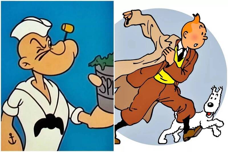 大力水手卜派（Popeye the Sailor）、丁丁（Tintin，右） 2025年1月1日起美國進入公眾領域（public domain），可供大眾自由使用。（取自Ｘ平台）