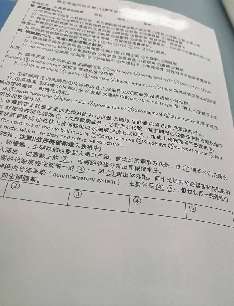 高科大水產養殖系動物組織學的期末考卷，竟出現全簡體字。（擷取自threads）