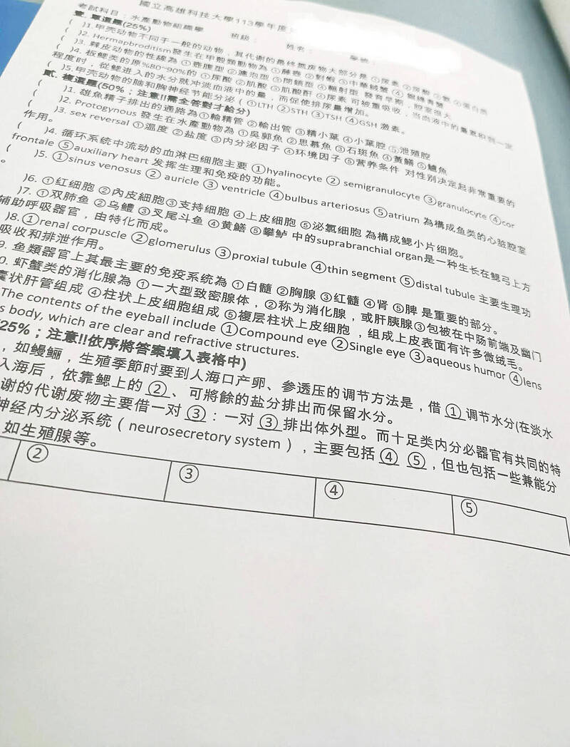 An exam using simplified Chinese characters from National Kaohsiung University of Science and Technology is pictured in an undated photograph.
Photo: Screen grab from Threads