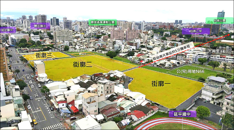 台南北區九六新村都市更新案基地位置示意圖。（南市都發局提供）