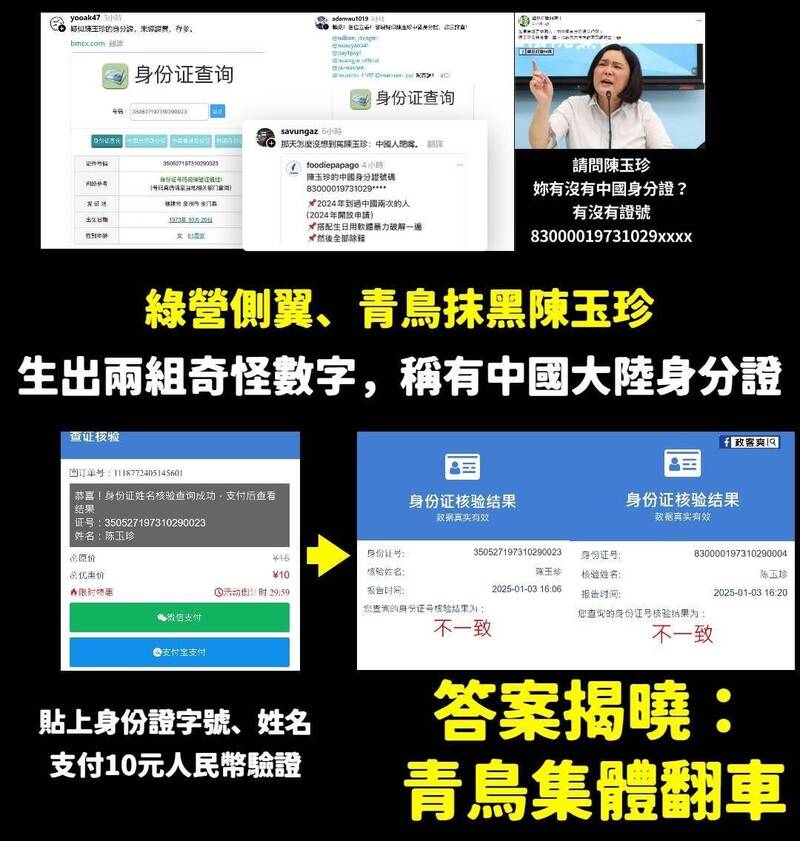 國民黨立委陳玉珍說自己沒有中國身分證，是綠營側翼抹黑她。（陳玉珍提供）