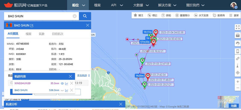 基隆港外海的國際海底電纜，近日遭喀麥隆籍「SHUNXIN39（音譯順興39）」貨輪拖斷。 （TaiwanAdiz 提供）