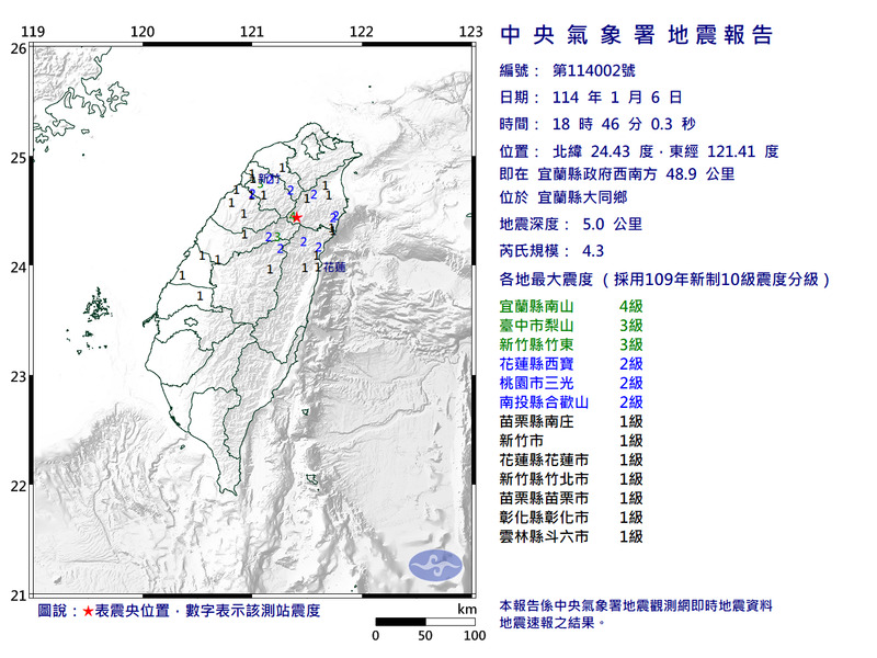 宜蘭大同18:46發生規模4.3地震，最大震度4級。（圖擷取自中央氣象署）