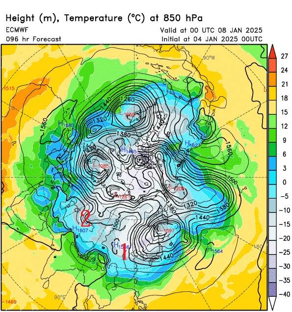 蒙古高壓的冷空氣持續往南出海（圖中1），新疆西側的空氣接續在後（圖中2），兩股冷空氣接續影響，而且源頭都是極區冷空氣，所以氣溫偏低，所以影響時間也會持續多日。（圖擷自鄭明典臉書）