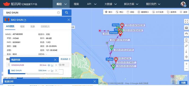 基隆港外海的國際海底電纜，近日遭喀麥隆籍「SHUNXIN39（音譯順興39）」貨輪拖斷。 （資料照，TaiwanAdiz 提供）