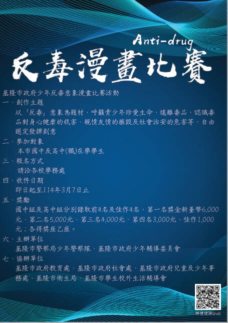 基隆市警察局少年警察隊推出反毒漫畫比賽，呼籲國、高中（職）生踴躍參加。（基隆市警察局少年警察隊提供）