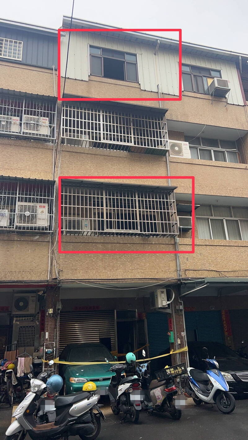 彰化一棟4樓透天厝發生火警，現場已拉起封鎖線，受困民眾從4樓、2樓被救出送醫，但仍造成2人宣告不治。（圖民眾提供）