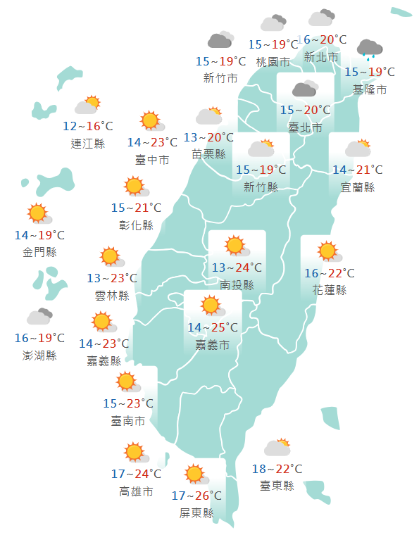 今日各地天氣預報概況。(圖擷取自中央氣象署) 今日各地天氣預報概況。(圖擷取自中央氣象署)